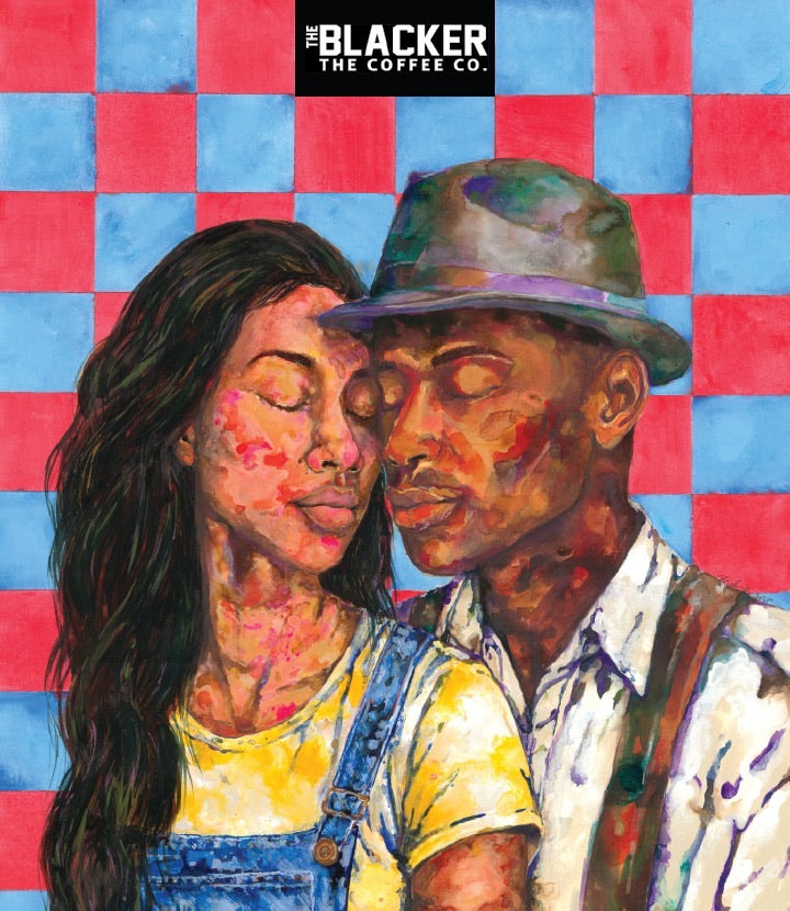 Painting of Janie and Tea Cake, foreheads touching, in front of a red and blue checkerboard